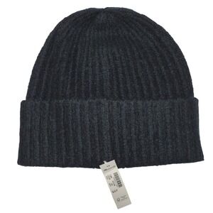 Madewell Beanie Hat Womens One Size Black Ribbed Cuffed Cotton Merino Wool Blend